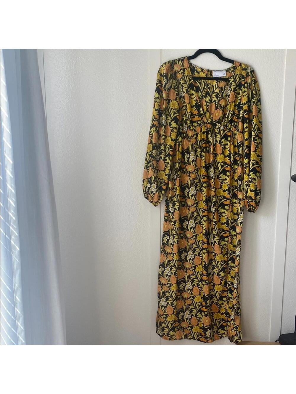ASOS Design Maternity Floral Long Sleeve Midi Dress Yellow Black US 4 UK 8
